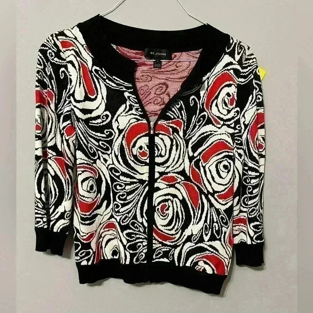 St.John (Black Label) Rose Print Knit 3/4 Sleeve Cardigan Size P